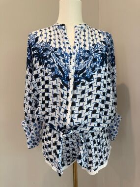Poupette St. Barth White and Blue Printed Tie-Waist Romper